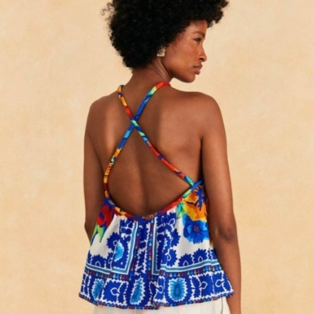 Farm Rio Tapestry Blue Red Mixed Floral Tile Print Halter Top Open Back | M - Picture 3 of 11